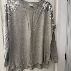 Crown & Ivy Gray Sequin Shoulder Sweatshirt